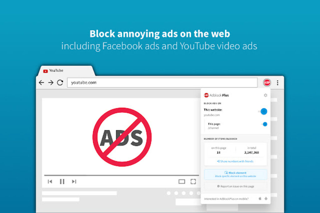 Captura de pantalla de la extensión de Chrome, Adblock Plus.