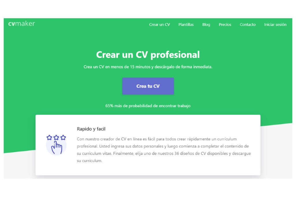 Captura de pantalla de un sitio gratis de CV: CVMaker.