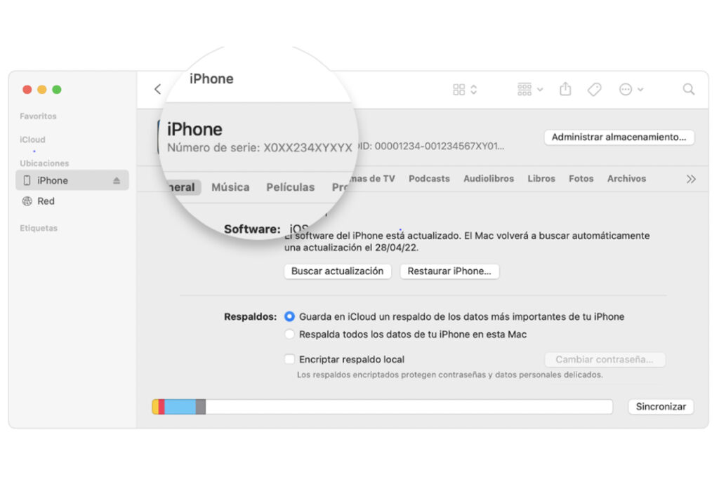 Captura de pantalla del IMEI en Finder, la aplicación de Apple.