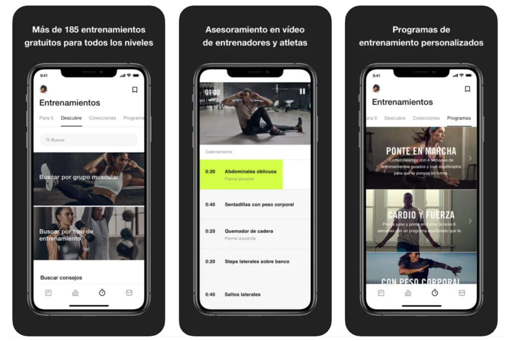 Captura de pantalla de la aplicación Nike Training Club en un celular.