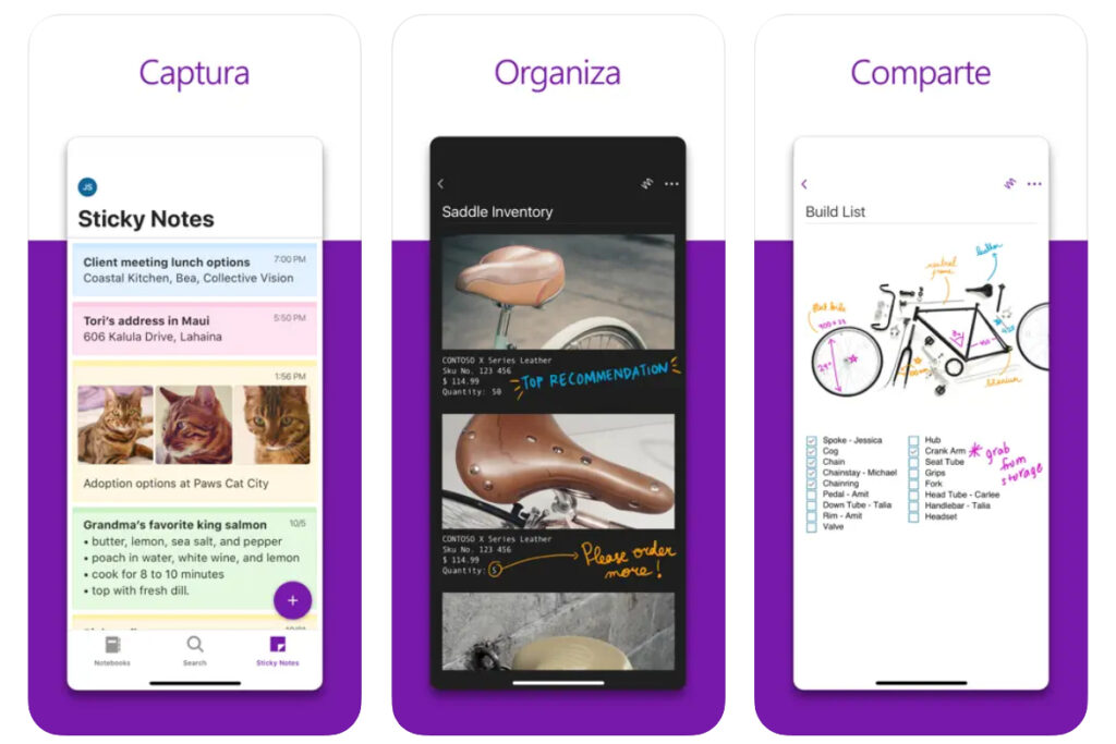 Captura de pantalla de la aplicación de notas OneNote en un celular.