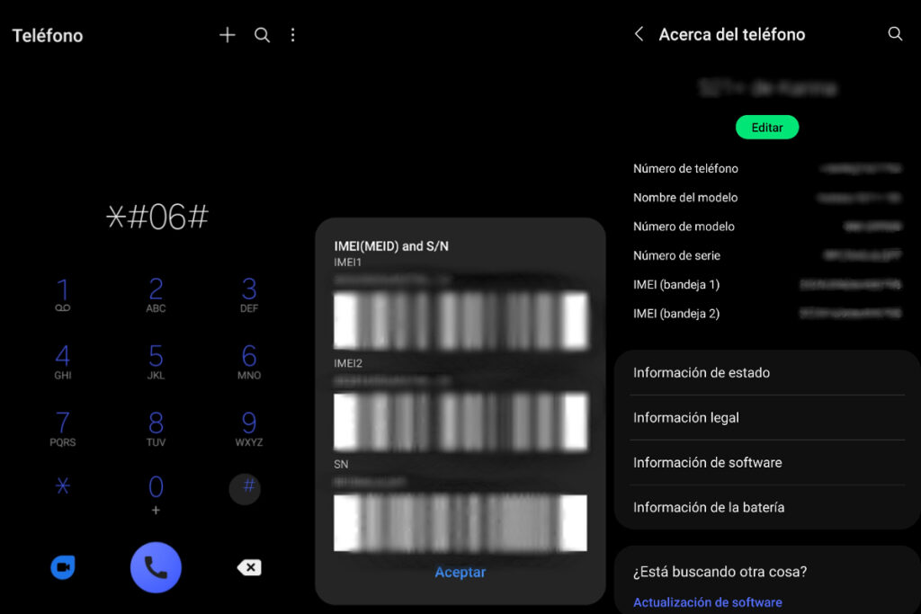 Captura de pantalla del IMEI en un smartphone Android.