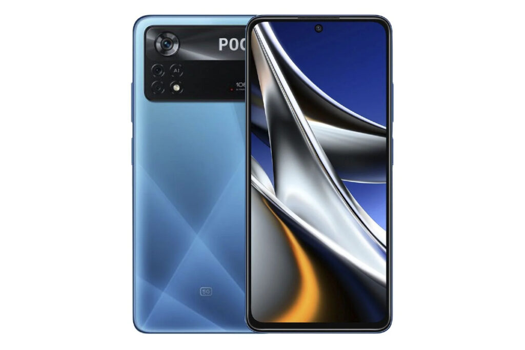 Un celular POCO X4 Pro 5G azul.
