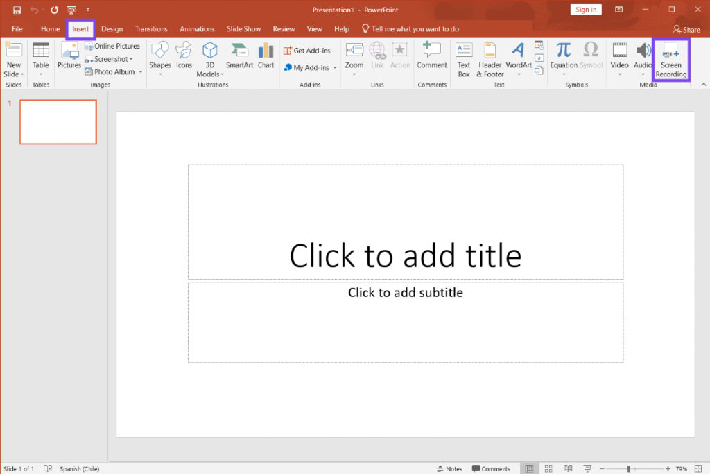 Captura de pantalla de PowerPoint con la opción Grabar pantalla.