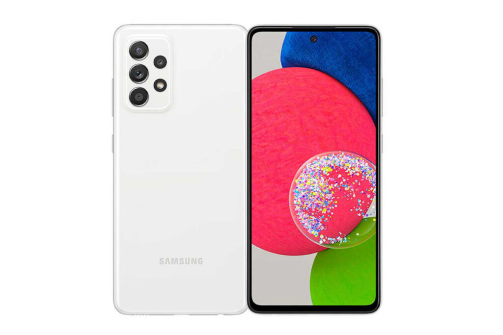 Un celular Galaxy A52s 5G blanco.
