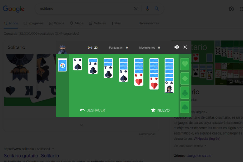 El juego Solitario en el buscador de Google.