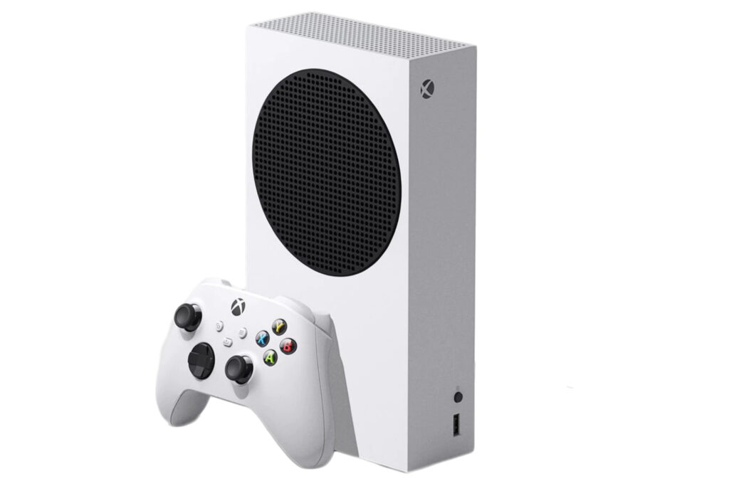 Una consola de videojuegos Xbox Series S sobre un fondo blanco.