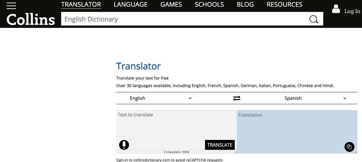 Traductor web del editor educativo Collins.