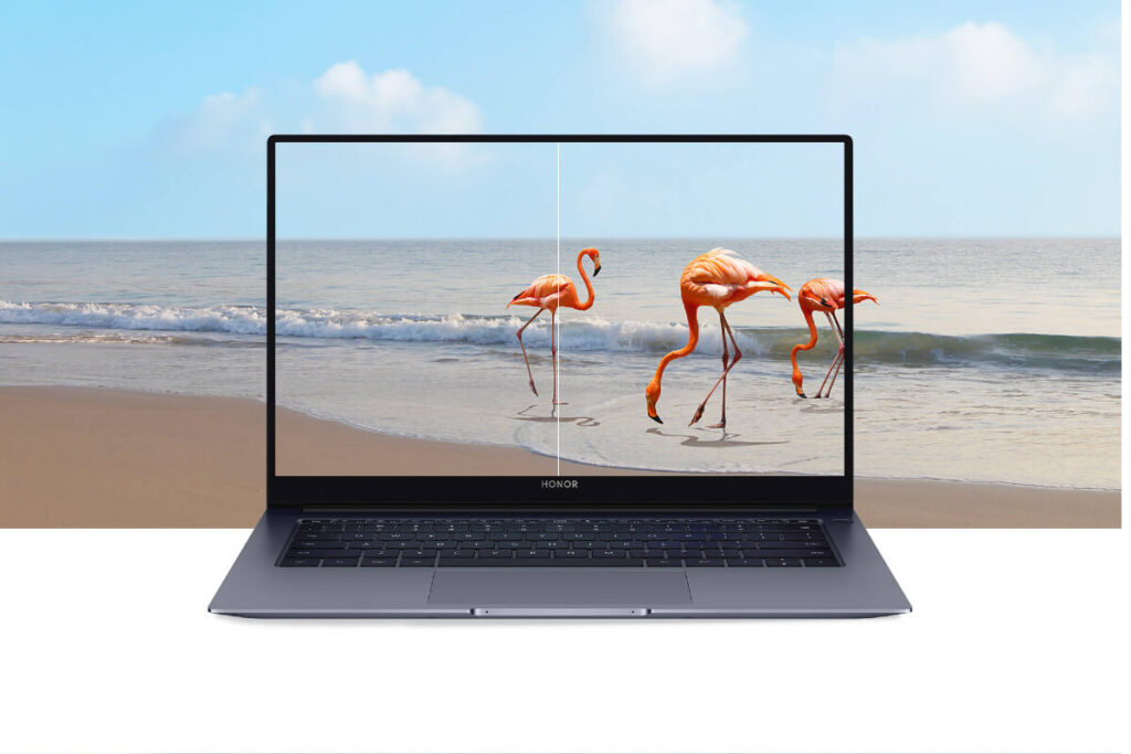 Una computadora portátil Honor MagicBook X14 con una imagen de unos flamencos.