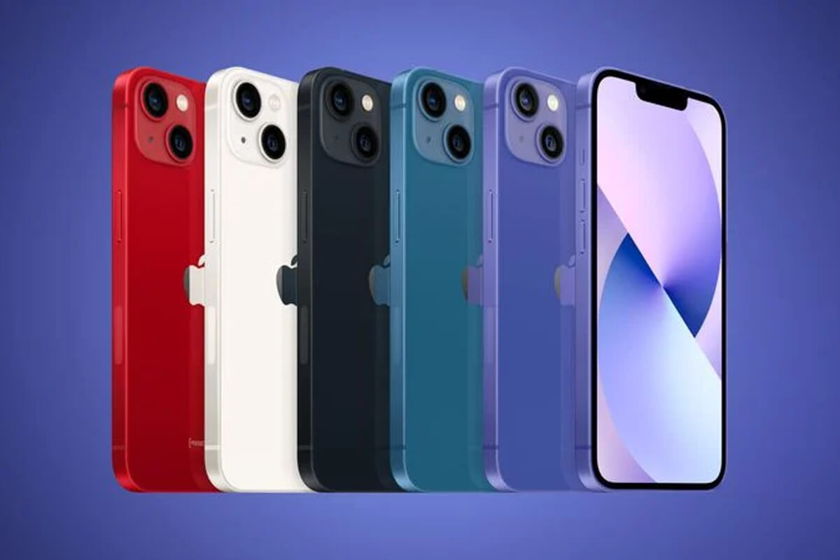 Un grupo de celulares iPhone 14 de distintos colores.
