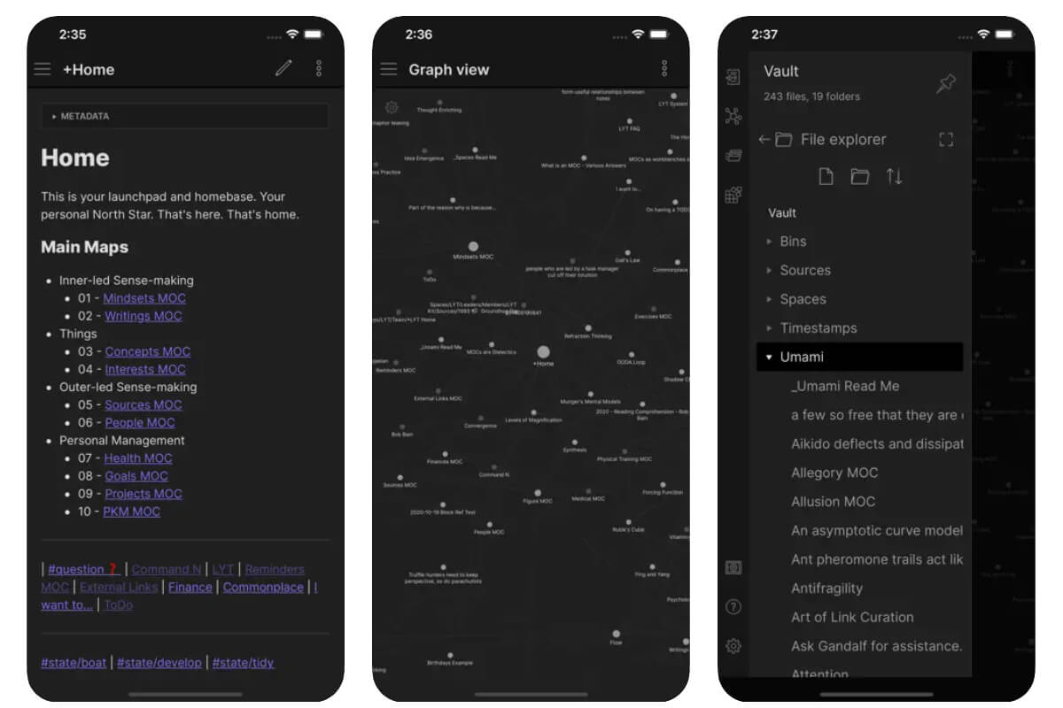 Captura de pantalla de la aplicación Obsidian.