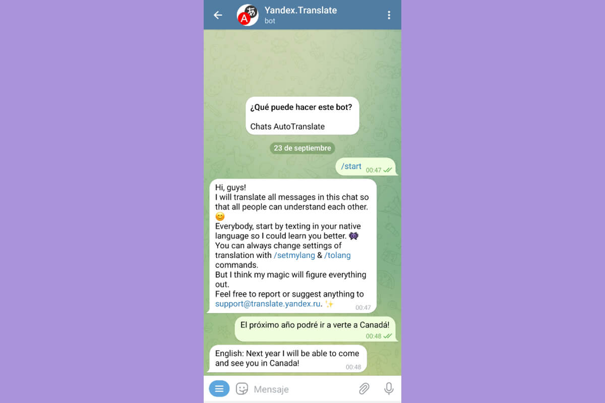 Yandex.Translate bot en Telegram.