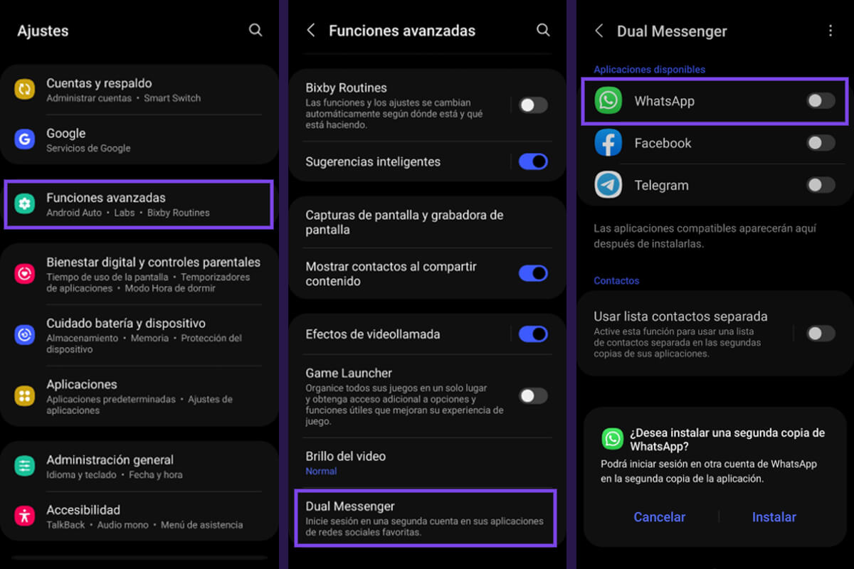 Captura de pantalla de los ajustes de Samsung para Dual Messenger.
