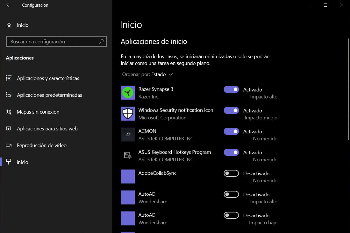 Captura de pantalla de la configuración de Windows en las aplicaciones.