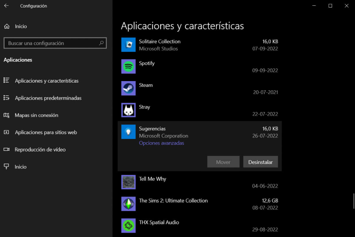Captura de pantalla de la configuración de las aplicaciones de Windows.