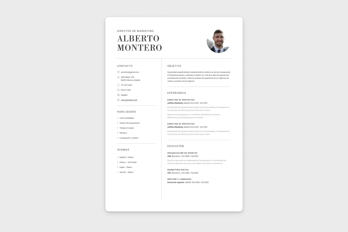 Formato de CV generado en la plataforma OnlineCV.