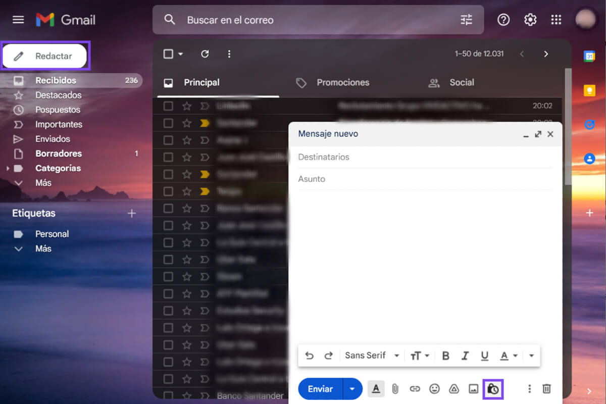 Captura de pantalla de Gmail en la configuración del mensaje confidencial.