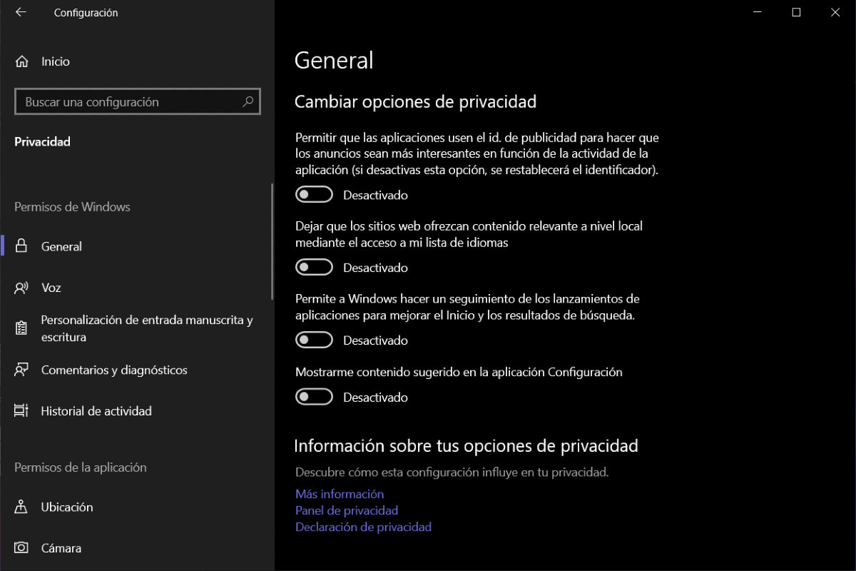 Captura de pantalla de la configuración del ID de publicidad en Windows.