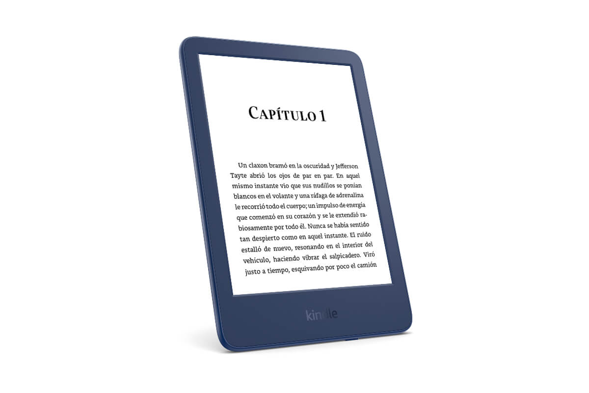 La nueva generación del lector Kindle en azul. Vista frontal.