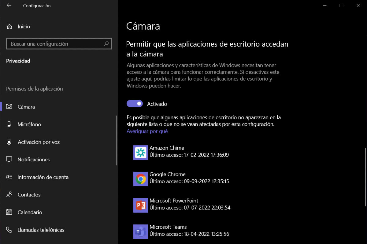 Captura de pantalla de los permisos de aplicaciones de escritorio.