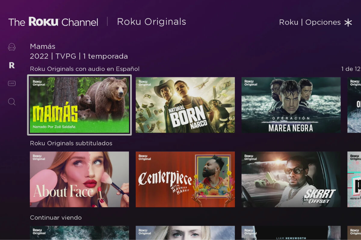 Interfaz de usuario del canal The Roku Channel en México.