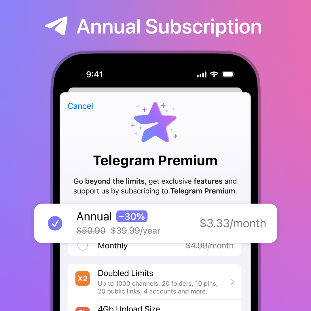 Ahora es posible pagar a un año por Telegram Premium. 