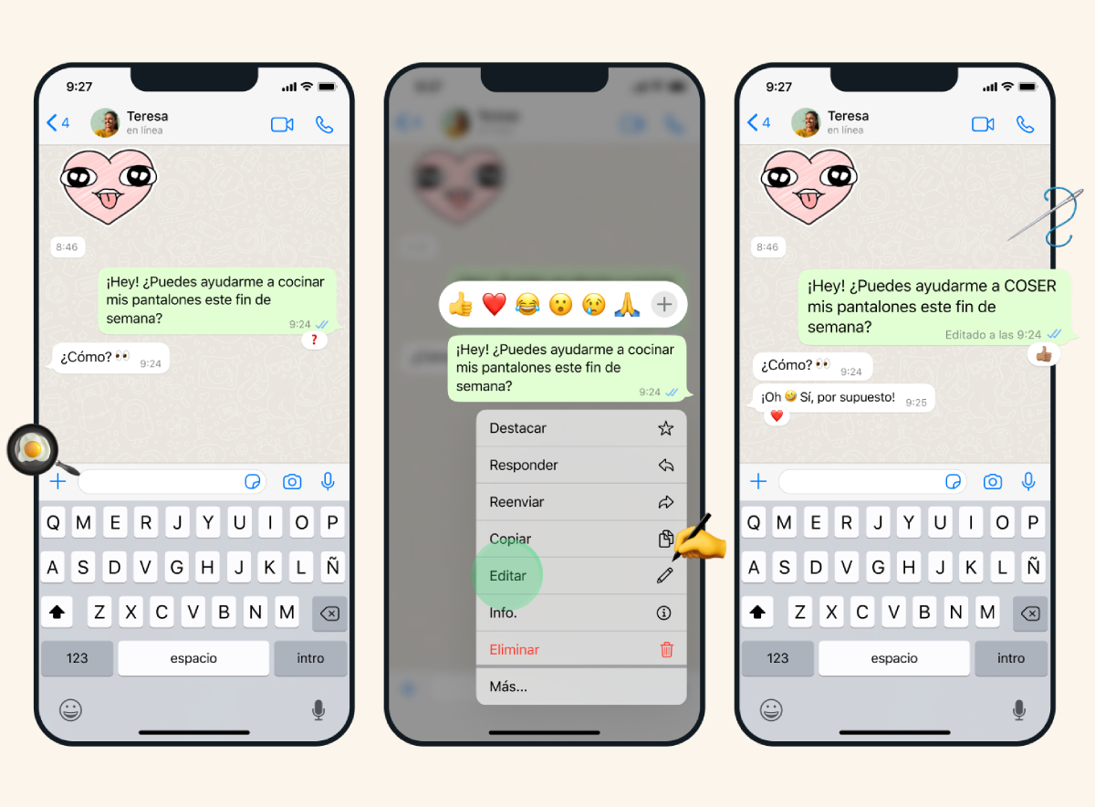Interfaz de WhatsApp que muestra el proceso de edición de mensajes. 