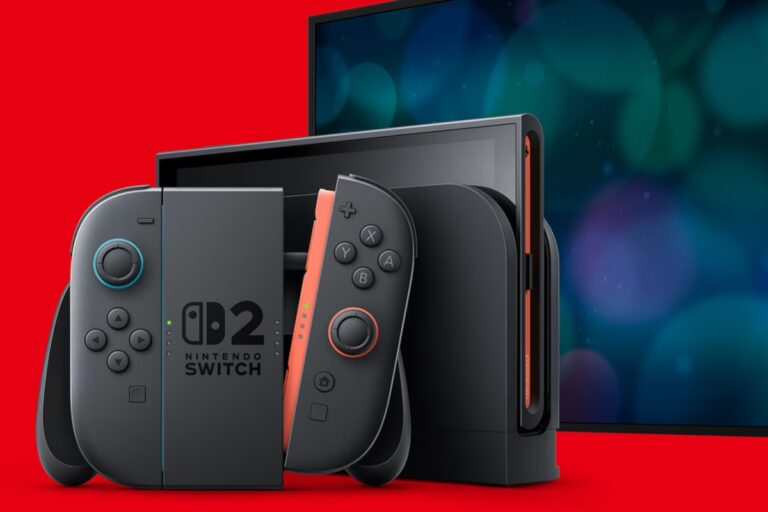 La nueva consola Nintendo Switch 2 sobre un fondo rojo.