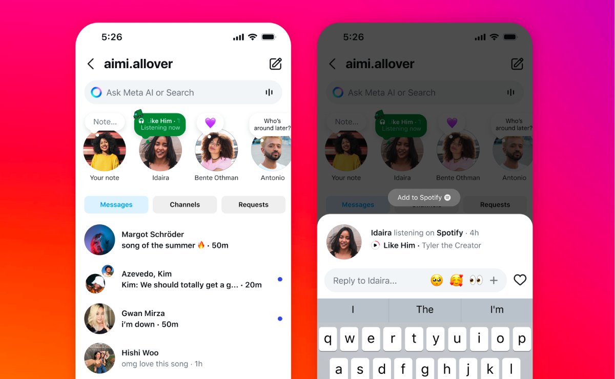 Interfaz de Instagram muestra una nota con música de Spotify.