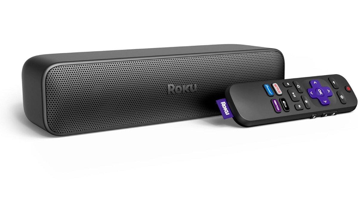 Barra de sonido Roku Streambar sobre un fondo blanco.