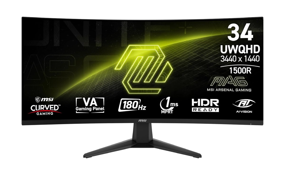 Monitor curvo MSI (346CQ) de 34 pulgadas sobre un fondo blanco.