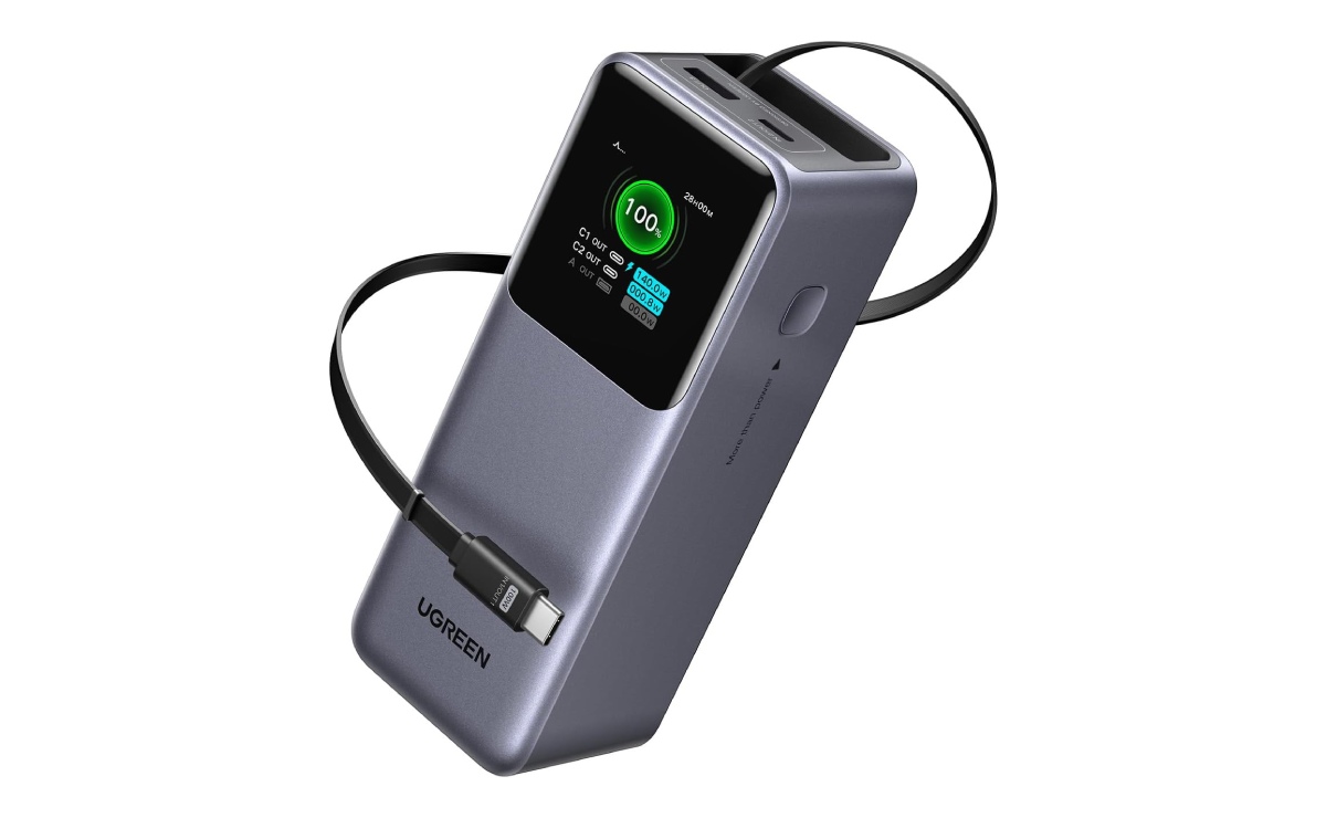 Batería UGREEN de 20,000 mAh con cable retráctil.