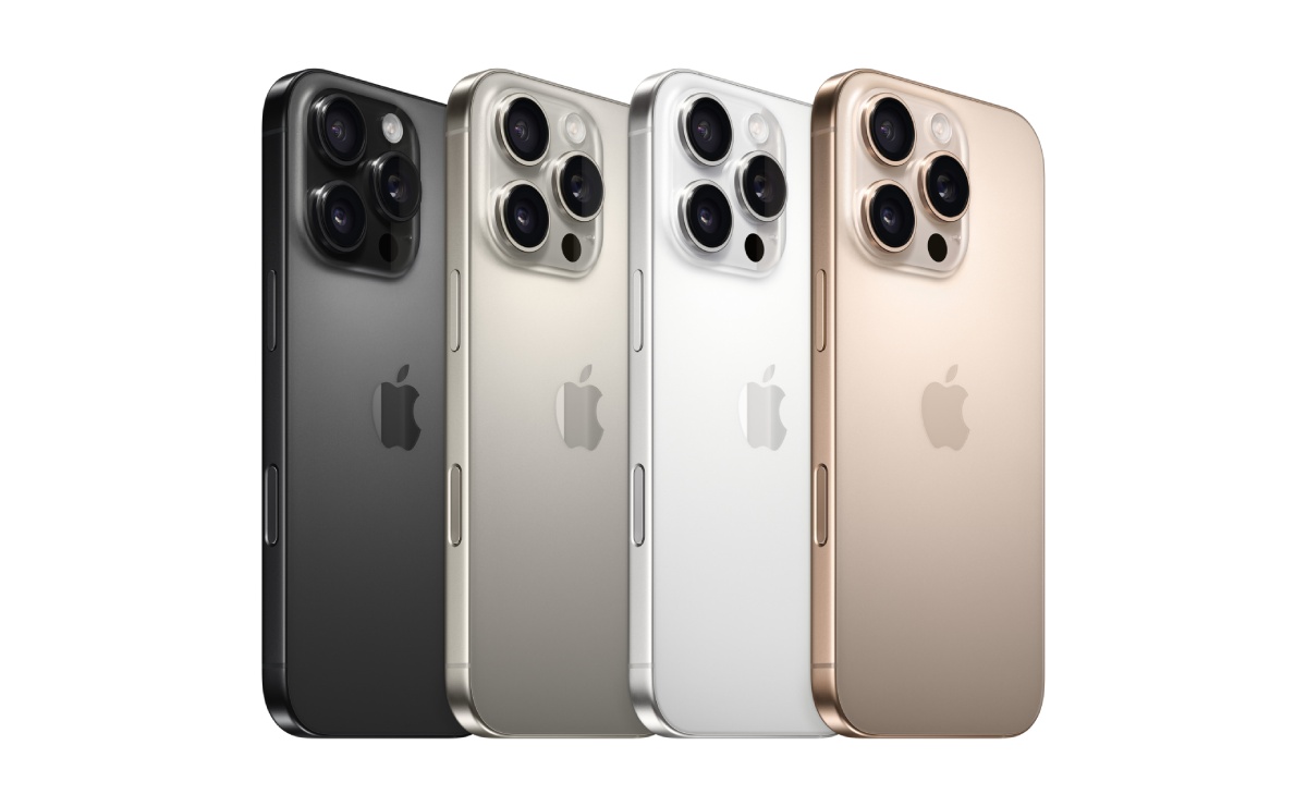 Teléfonos iPhone 16 Pro en distintos colores. 