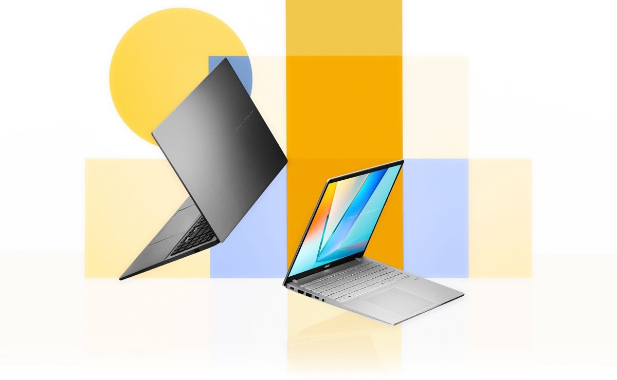 Asus Vivobook S16 sobre un fondo multicolor. 