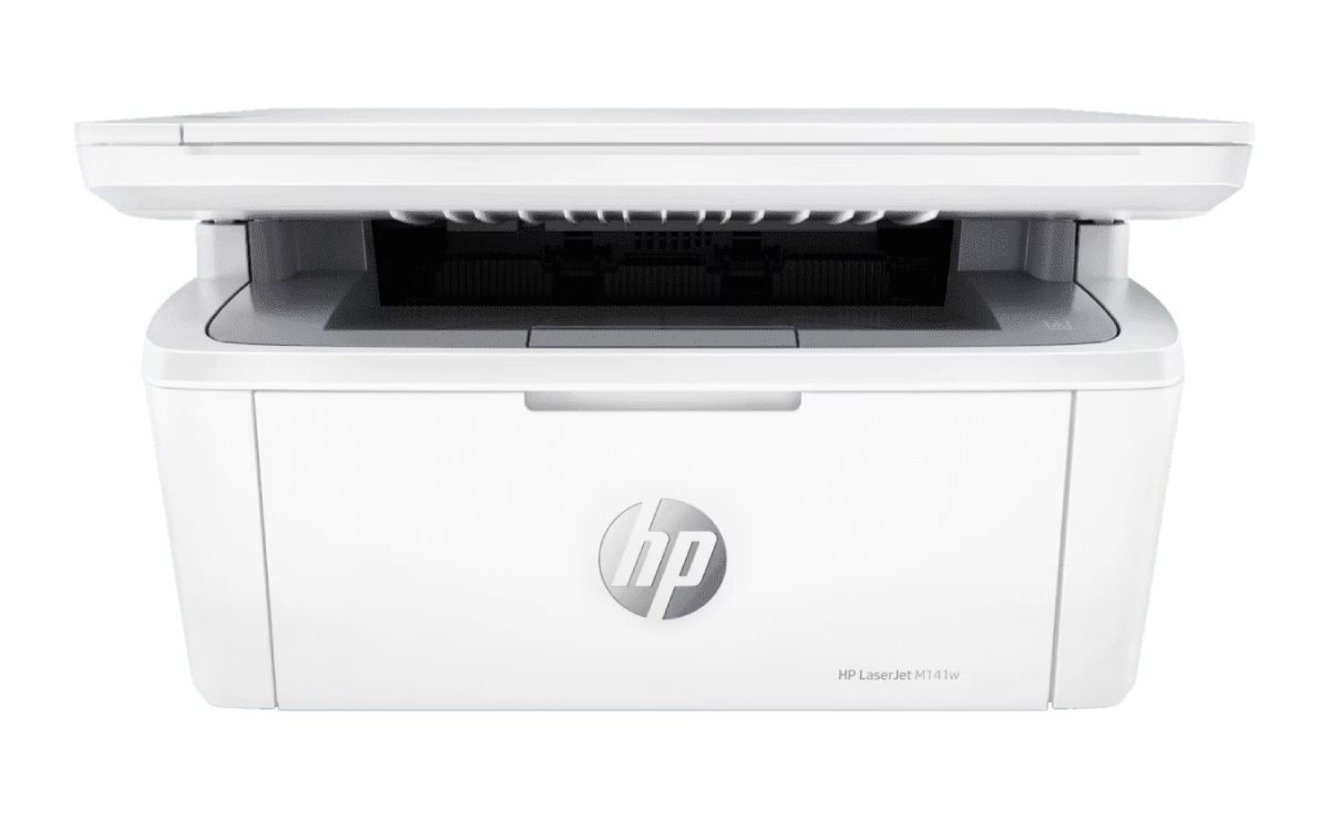 Impresora multifuncional HP Laser Jet M141w sobre un fondo blanco. 